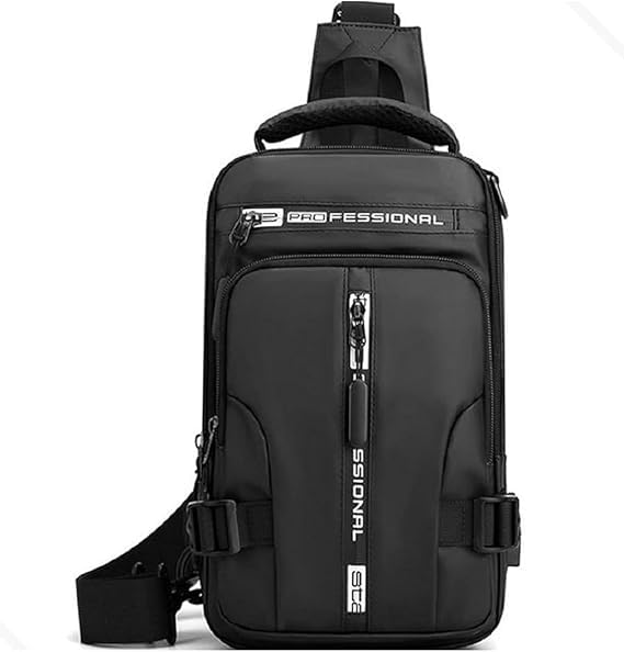 Bolsa Masculina Transversal Impermeável, Mochila com Saída USB, Pochete Grande em Poliéster, Alça Ajustável para Tablet e Celular (preta)
