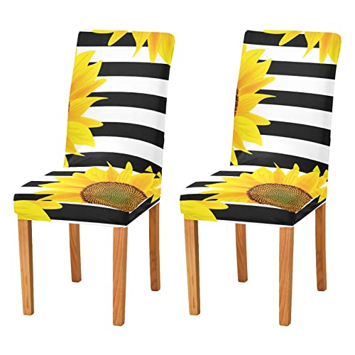 susiyo 2PCS Chair Covers, Sunflowers on A Striped Black and White Dining Room Chair Protector Slipcovers Stretch Removable Washable for Kitchen Hotel Office Banquet Wedding Party