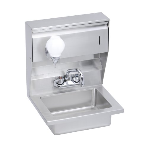 Elkay Fregadero de mano de acero inoxidable de calibre 18 de 18 x 14-1/2 x 23 pulgadas con dispensador de jabón y toallas y grifo