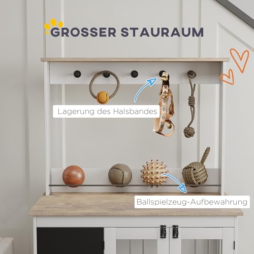 PawHut Hundekäfig für Zuhause, Hundebox mit 3 Türen, Haken, Hundehaus mit Radiergummi, Schreibtafel, Aufbewahrungsregal für Spielzeug, für große Hunde, Weiß