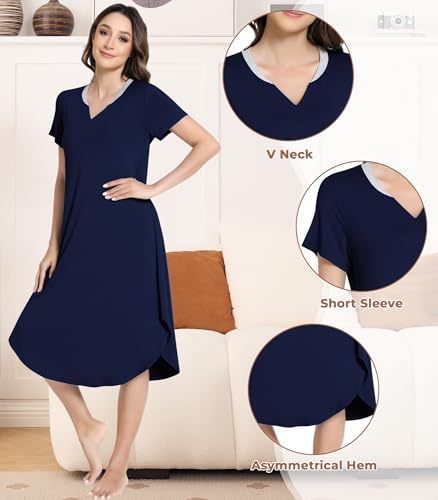 Image of NACHILA Nightgowns for Women-Viscose Made from Bamboo,Short Sleeve Nightshirts V Neck Sleep Shirt Loose Sleep Dress