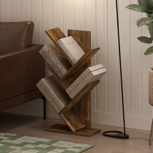 Image of Furinno Tree Book Shelf, 5-Tier Bookshelf with Angled Open Shelf, Tree Bookcase for Room Decor, 8.4 x 15.7 x 30.3, for Organization and Storage, for Living Room, Bedroom, Home Office, Amber Pine