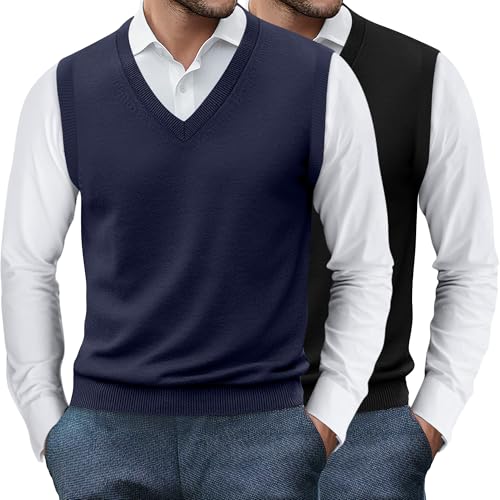 Ficerd 2 Pack Men's Sweater Vest, Slim Fit V Neck Knitted Pullovers Casual Lightweight Knitwear Sleeveless Basic Sweater Tops
