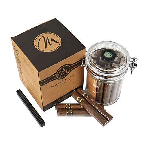 Mantello Acrylic Humidor Jar - 18-Cigar Case with Digital Hygrometer, Airtight Sealed Lid & Rectangle Humidifier for Humidity Control - Clear Container with Spanish Cedar Wood Lining
