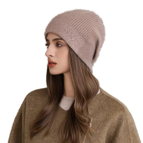Huakunda Gorro para mujer, elástico, suave, cómodo, térmico, transpirable, gorro de punto fino, caqui claro, Talla única