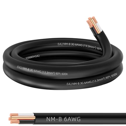 6/3 NM-B Wire with Ground,10ft 6 Gauge Wire 3 Conductor Nonmetallic Sheathed Type NM-B Cable,Copper 6 AWG Wires Electrical Stranded Cable for Residential Indoor Outlets,Switches,EV Charging Wiring