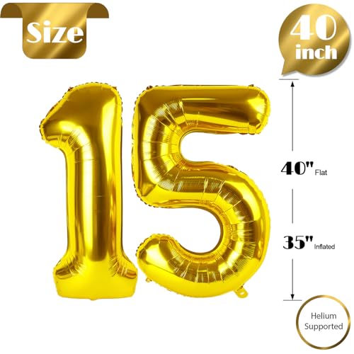 Image of Gold Number 15 Balloon 40 inch, 15 Number Balloons, 15th Gold Birthday Decorations, 15 Year Old Golden Party Supplies