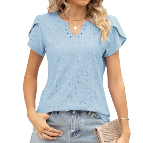 Red Plume T-Shirts for Women Short-Sleeved V-Neck Cut Out Loose Casual Fashion Ladies Blouses X-Large Light Blue
