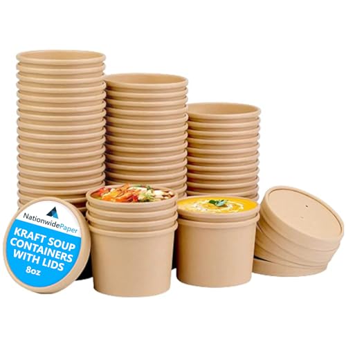 Nationwide Paper 8oz- 50 Pcs Soup Containers Leak Proof Brown Disposable Soup Cups with Vented Lids (230ml)