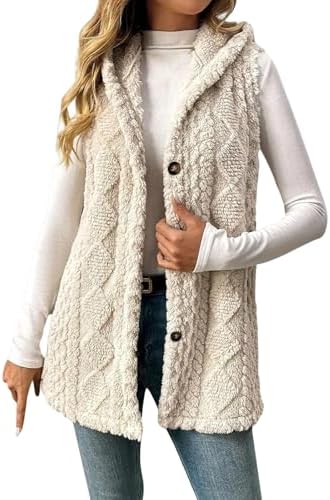 Long Fleece Vest Women Sherpa Button Sleeveless Soft Fuzzy Hooded Jackets Loose Warm Outerwear Winter Fall Jackets
