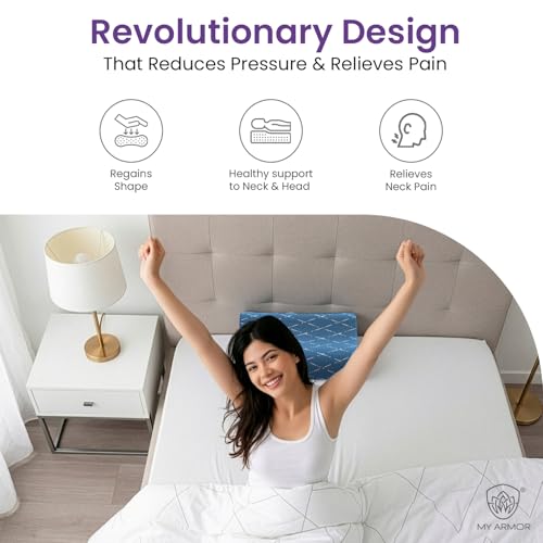 Image of MYARMOR Cool Gel Cervical Pillow for Neck Pain | Contour Design for Neck & Shoulder Pain Relief | Dual Height Ergonomic Support | 18 x 11 x 3.5 Inch | 2 Years Warranty | Blue Checks Cover - Pack of 1