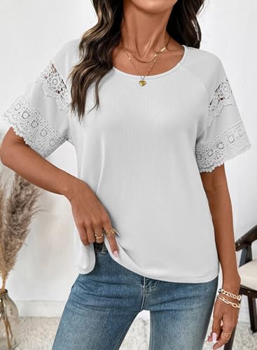 Image of EVALESS Womens Summer Tops Dressy Casual Spring Ribbed Texture Embroidery Short Sleeve Crewneck T Shirts
