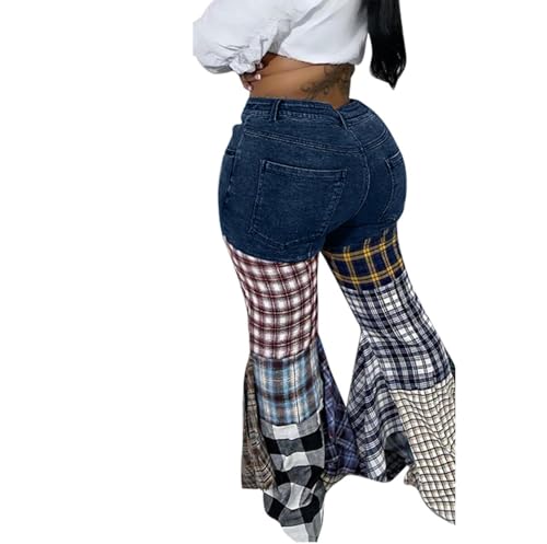 Women's High Waist Patchwork Flare Jeans Plaid Bell Bottom Ruffle Hem Denim Wide Leg Jeans2
