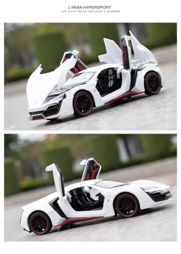 Image of FEXXA 🏎️ Exclusive Alloy Metal Pull Back Die-cast Car Model with Sound Light Mini Auto Toy for Kids Metal Model Toy Car with Sound and Light (1.24 Scale LAYKAN Hyper Sport - White)