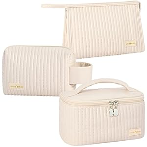 Linpr Makeup Bag 3 Pcs Cosmetic Bags Set, PU Striped Leather Toiletry Bag, Portable Waterproof Travel Makeup Organizer, Cute Make up Bags for Women and Girls (White)