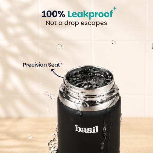 Image of Basil HydraFizz Stainless Steel Insulated Water Bottle for Kids & Adults | 800ml Leakproof Sipper Bottle with Carry Handle | Double Wall Vacuum Thermosteel Bottle for Home, & Travel | Classic Black