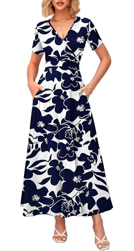 Image of WNEEDU Women's Summer Maxi Dress Short Sleeves Wrap V Neck Long Dresses with Pockets