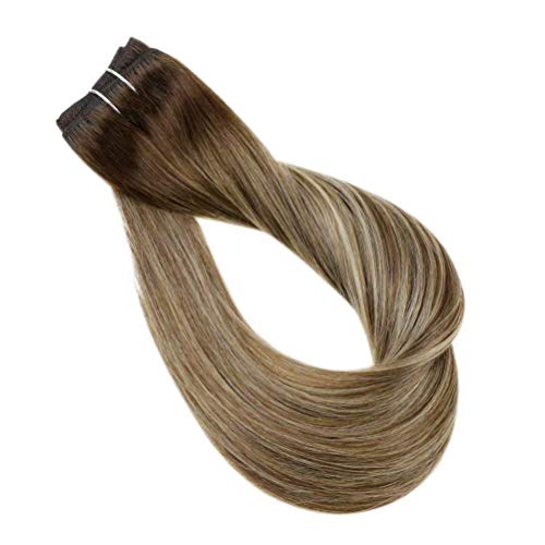 Sew in Hair Extensions Human Hair Natural Color Middle Brown Fading to Strawberry Blonde Highlighted Brown Weft Hair Bundles Remy Hair for Women 80g 18Inch