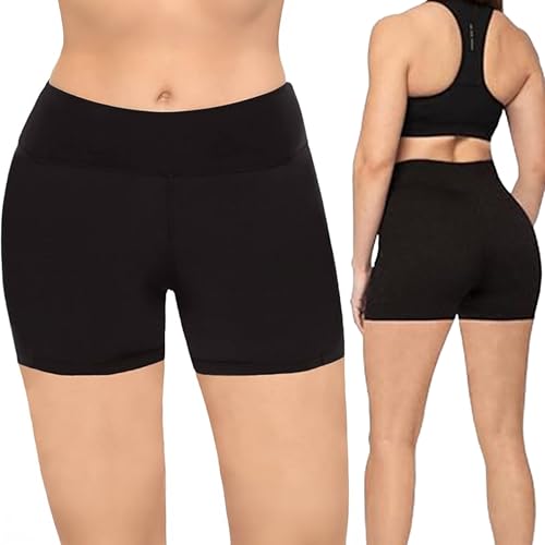 satina biker shorts for women - high waist biker shorts without pockets - yoga shorts for regular & plus size women (5-inch, medium, black shorts)