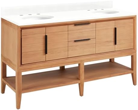 Signature Hardware 955226-60-um Aliso 60" Console Teak Double Basin Vanity Set with Cabinet, Vanity Top, and Oval Undermount Sinks - 8" Faucet Holes - Natural Teak/Feathered White