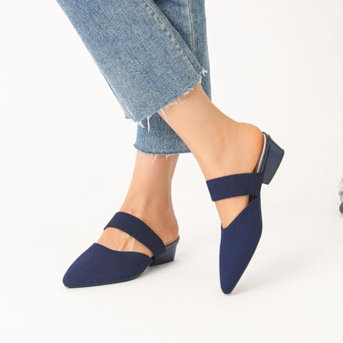 Image of Semwiss Pointed Toe Mules for Women Chunky Low Heeled Sandals Breathable Backless Mesh Knit Slip on Loafers