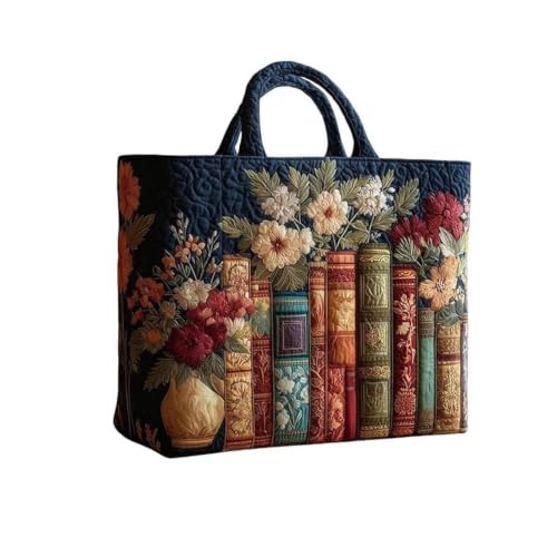 Vintage Books & Flowers Quilted Tote Bags for Women Bookish Womens Handbags - image 2