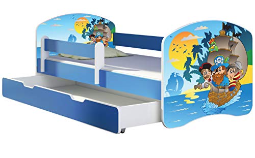 ACMA Kinderbett Jugendbett mit Einer Schublade und Matratze Blau mit Rausfallschutz Lattenrost II 140x70 160x80 180x80 (21 Piraten, 160x80 + Bettkasten)