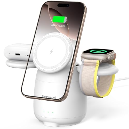 SwanScout Station de Charge Magnétique pour iPhone, Compatibles avec MagSafe, SwanScout 707M, 3 en 1 Chargeur Induction sans Fil pour iPhone 16 15 14 13 12, Apple Watch, Wireless Airpods (No Adapter)