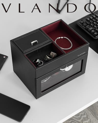 Vlando Automatic Double Watch Winder - Watch Winder Box with Men Jewelry Organizer Tray, Japanese Quiet Motor, LED Light, Adjustable Watch Pillows - Red