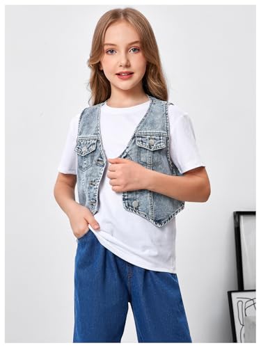 GORGLITTER Girl's Denim Vest Button Down Flap Pocket V Neck Jean Jacket3