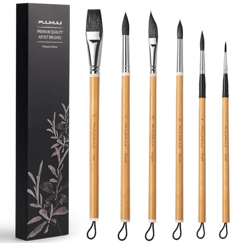 Watercolor Brush Set, Fuumuui 6Pcs Professional Mixed Squirrel Hair Bamboo Paint Brushes with Dagger Flat Round Detail for Watercolor, Acrylic, Gouache Painting Burlywood