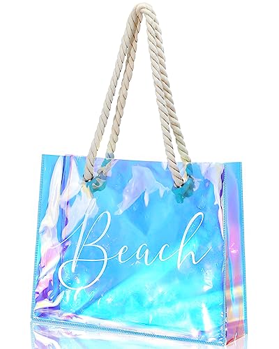 Sweetude Clear Beach Tote Bag Transparent Plastic PVC Women's Large Tote Waterproof Stadium Bags for Girl Summer Pool Party(Holographic)