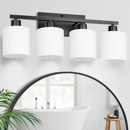 Image of SILAMPDI Black Bathroom Light Fixtures Over Mirror, 4-Light Vanity Lights for Bathroom, Modern Wall Sconces Lighting for Bedroom Living Room, Milky White Glass Shades, E26 Base, Bulbs Not Included