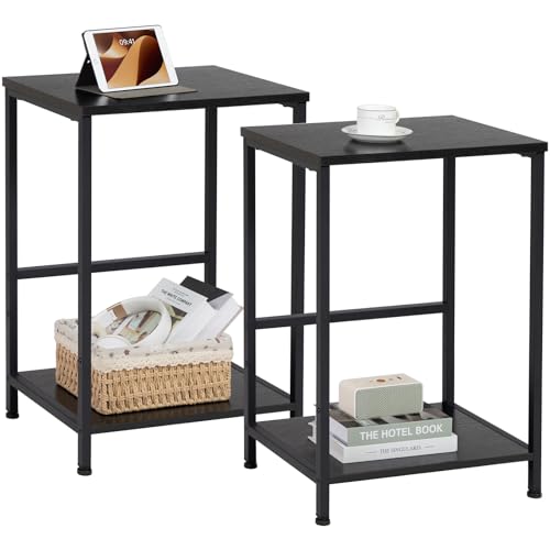 AMHANCIBLE Side Tables Set of 2, 2-Tier Sofa Side Tables, Bedside Tables with Steel Frames, Coffee Table, Small End Table for Small Spaces, Modern Nightstand for Living Room, Bedroom, Black HET03SQBK