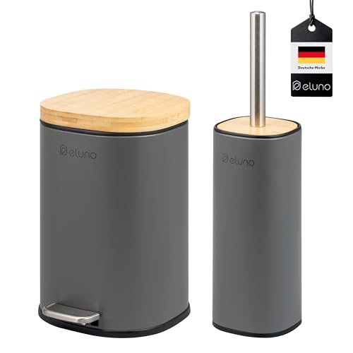 eluno Badezimmer Zubehör Set FRAMURA 2tlg. bestehend aus 1 Kosmetikeimer mit Soft-Close Deckel und 5 Liter Fassungsvermögen und 1 WC-Garnitur, aus Metall mit Bambusdeckel (Grau)