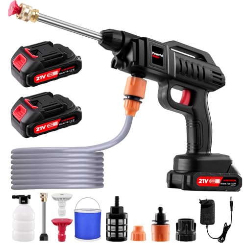 Akku Hochdruckreiniger Kabellose, 21V 60 Bar Mobiler Hochdruckreiniger Akku Mit 2 x 2000mA Akku, 3-in-1 Drehbare Düse, Schaumsprüher, 5M Schlauch, für Auto Garten Reinigung und Bewässerung