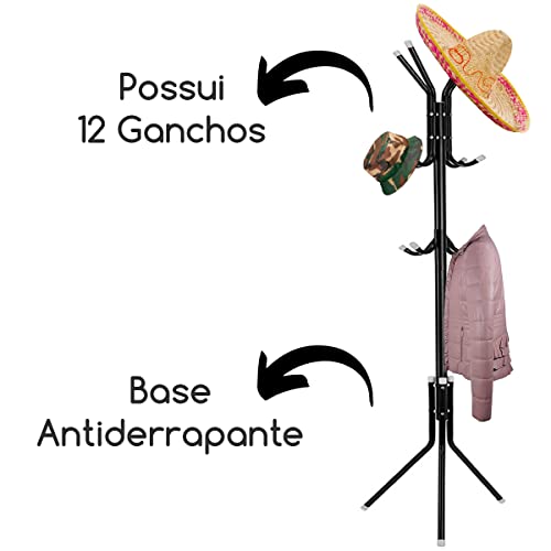 Mancebo de Chão 12 Ganchos Cabideiro Porta Bolsas Roupas Casacos (Preto)