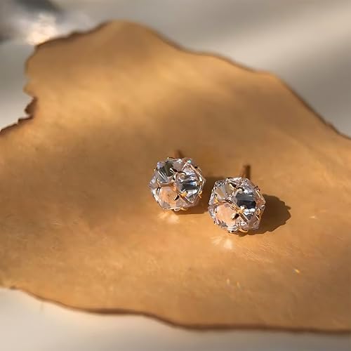 14K Gold Plated Cubic Zirconia Stud Earrings for Women, 0.4 in (10 mm) Geometric 3D-Faceted CZ, 925 Sterling Silver Posts3