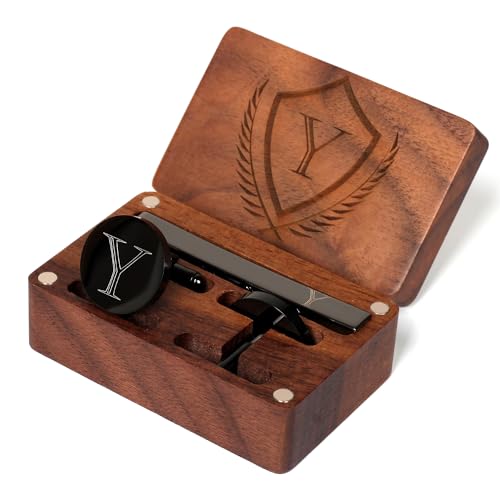 Image of Mens Initial Cufflinks and Tie Clip A-Z Alphabet Letter Black Stainless Cuff Links Tie Bar with Engraved Walnut Wood Box Groom Groomsman Wedding Set