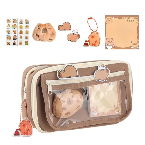 RUISPEED Set de trousses Capybara avec peluche + 20 autocollants + 2 broches + notes autocollantes + porte-clés, ensemble de papeterie Capybara à 9 couches grande trousse Kawaii (Marron)
