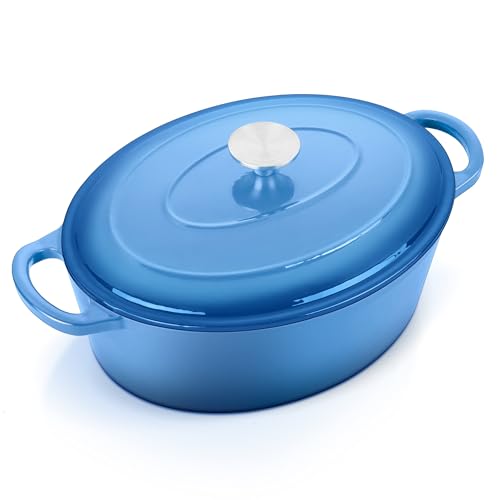 E-far Olla holandesa ovalada de 7 cuartos con tapa, horno holandés de hierro fundido esmaltado con asas dobles para hornear pan de masa madre, utensilios de cocina con revestimiento de esmalte