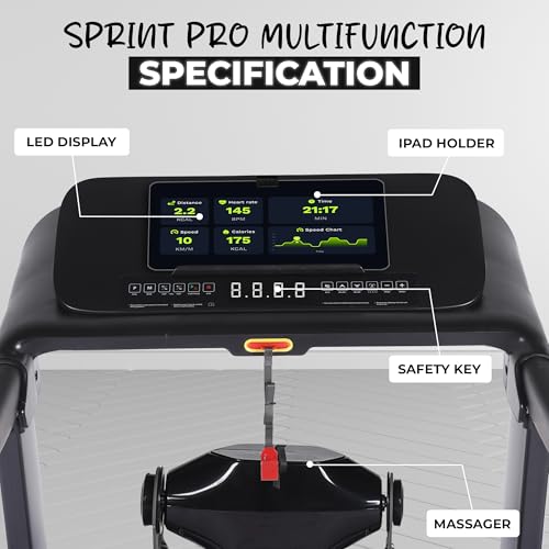 Image of Sprint Pro Multifunction 5 HP Peak BLDC Motorized | Hydraulic Foldable Treadmill | 25Level Auto Incline| 16 Km /Hr Max Speed| 140Kg User Weight| Bluetooth Speaker| Wynd app | Home use| Black