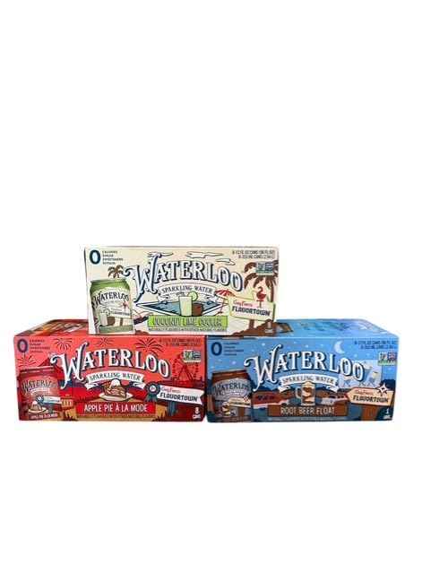 Waterloo limited edition sparkling water, 24 pack, 12 fl oz cans : 8 coconut lime cooler, 8 apple pie a la mode, 8 rootbeer float