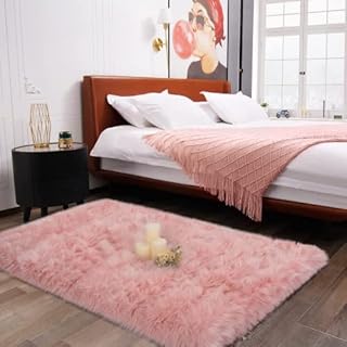 HAOCOO Faux Fur Sheepskin Large Rug 90 x 150 cm, Super-Soft Machine Washable Fluffy Shaggy Rugs for Bedroom, Blush Pink Carpets Anug Floor Mat Kids Rooms Home Decor