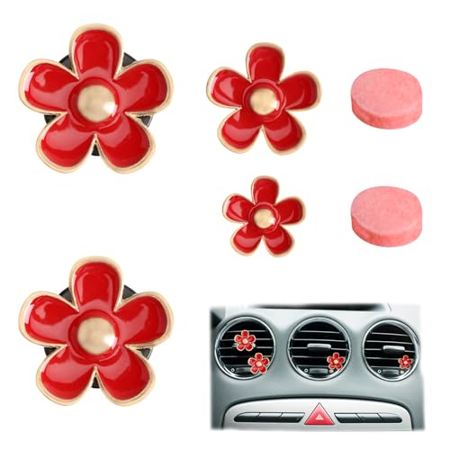 4 Pcs Red Daisy Air Vent Clips Car Air Freshener Vent Clip Cute Flower Air Conditioning Outlet Clip with 2 Pcs Aromatherapy Tablets Auto Interior Decor Charm Car Decoration Accessories for Women Girls