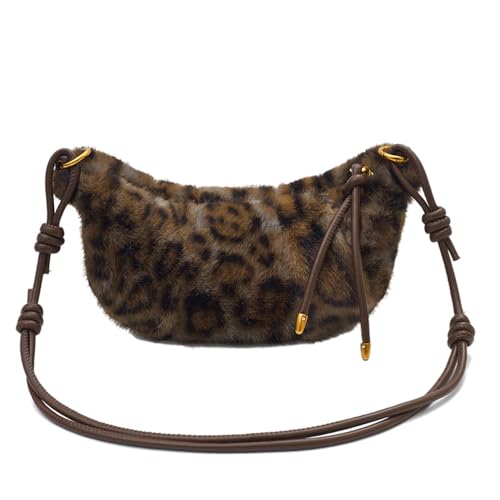 Image of Leopard Fluffy Sling Dumpling Bag Cheetah Print Fuzzy Furry Shoulder Crossbody Crescent Bag Leopard Plush Horn Bag