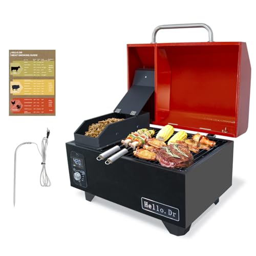 Hello.Dr Hello.Dr Pellet Grill, Portable Pellet Smoker, Smoker Grill with Digital Control, LED Screen, Meat Probe, Portable pellet Grills for BBQ, Smoke, Bake and Roast, RV Camping, Red
