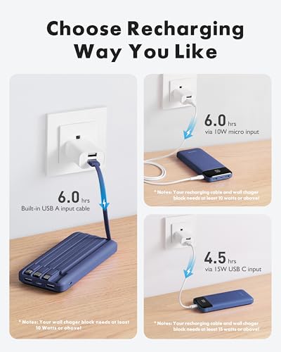 Image of charmast 10000mAh Portable Charger,Built-in 4 Cables,6 Outputs /3 Inputs,3A Fast Charging,Compatible with iPhone,iPad,Samsung,Pixel,LG