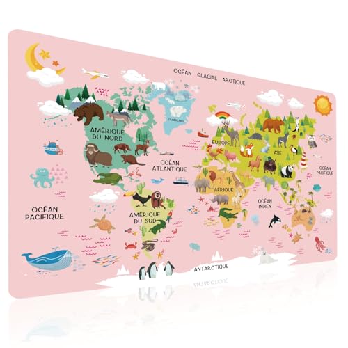 Carte du monde avec animaux en Rose sur Français - Éducatif Sous-main pour Enfant 40x60cm - Tapis de Bureau Imperméable - Cuir PU Double Face effaçable facile à...