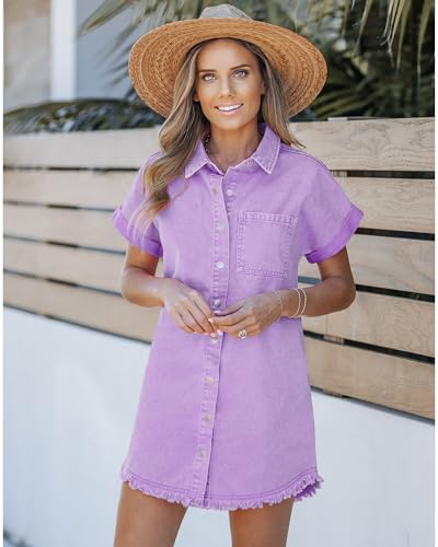 luvamia Denim Dress for Women Button Down Short Sleeves Casual Summer Jean Shirt Dresses with Pockets Frayed Hem2